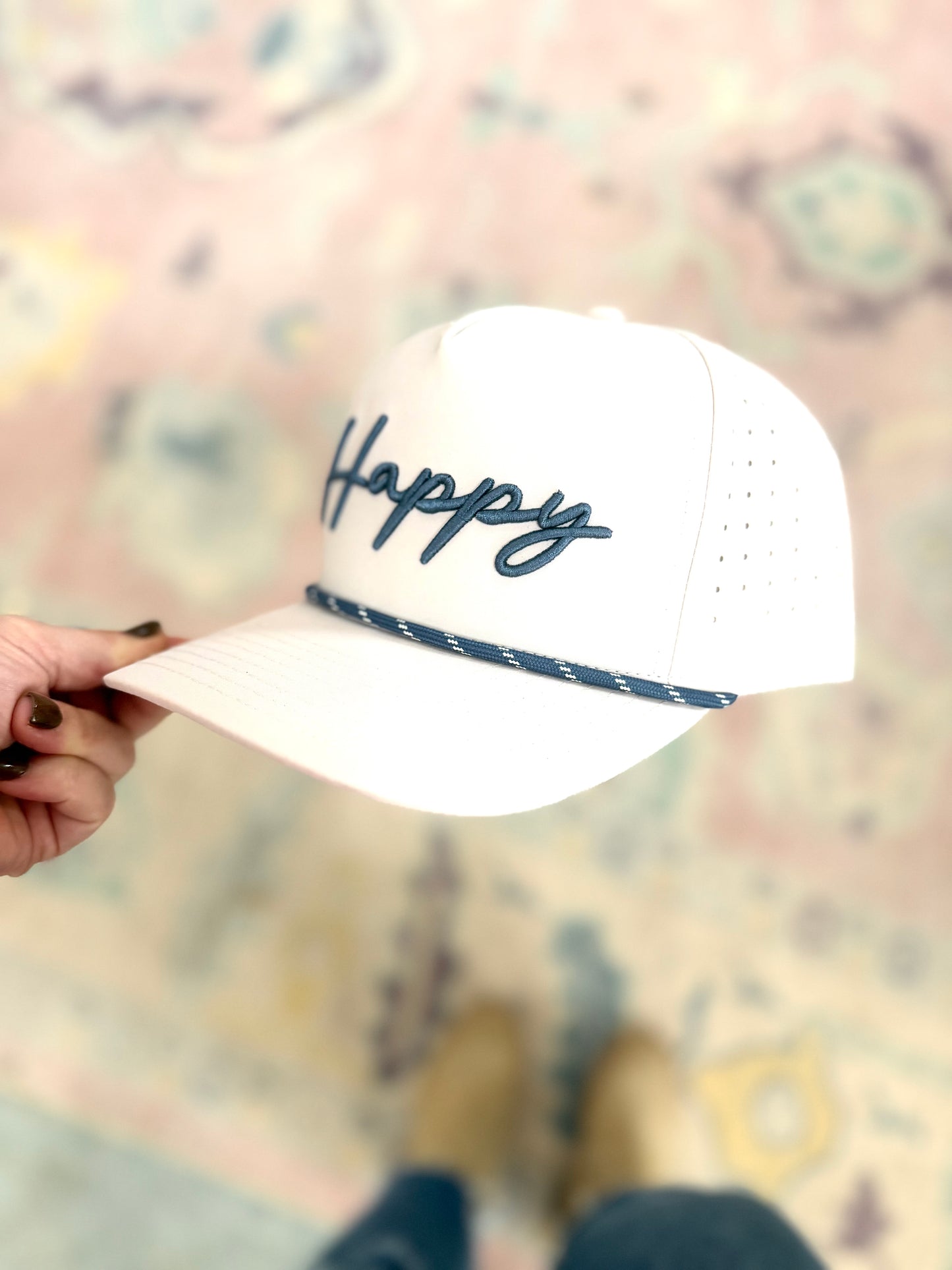 Happy Embroidered Rope Hat, Khaki