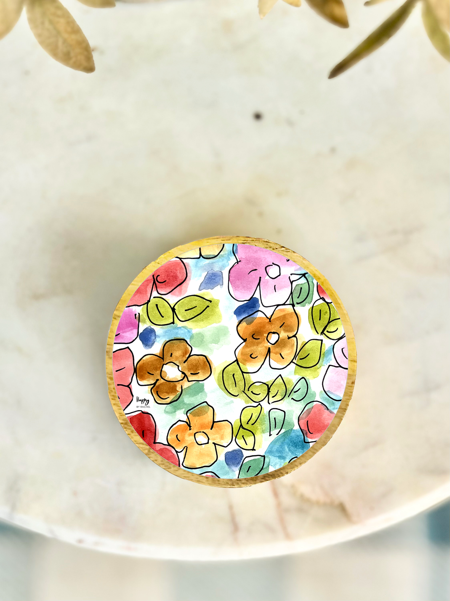 Colorful Floral Wood and Enamel Small Tray