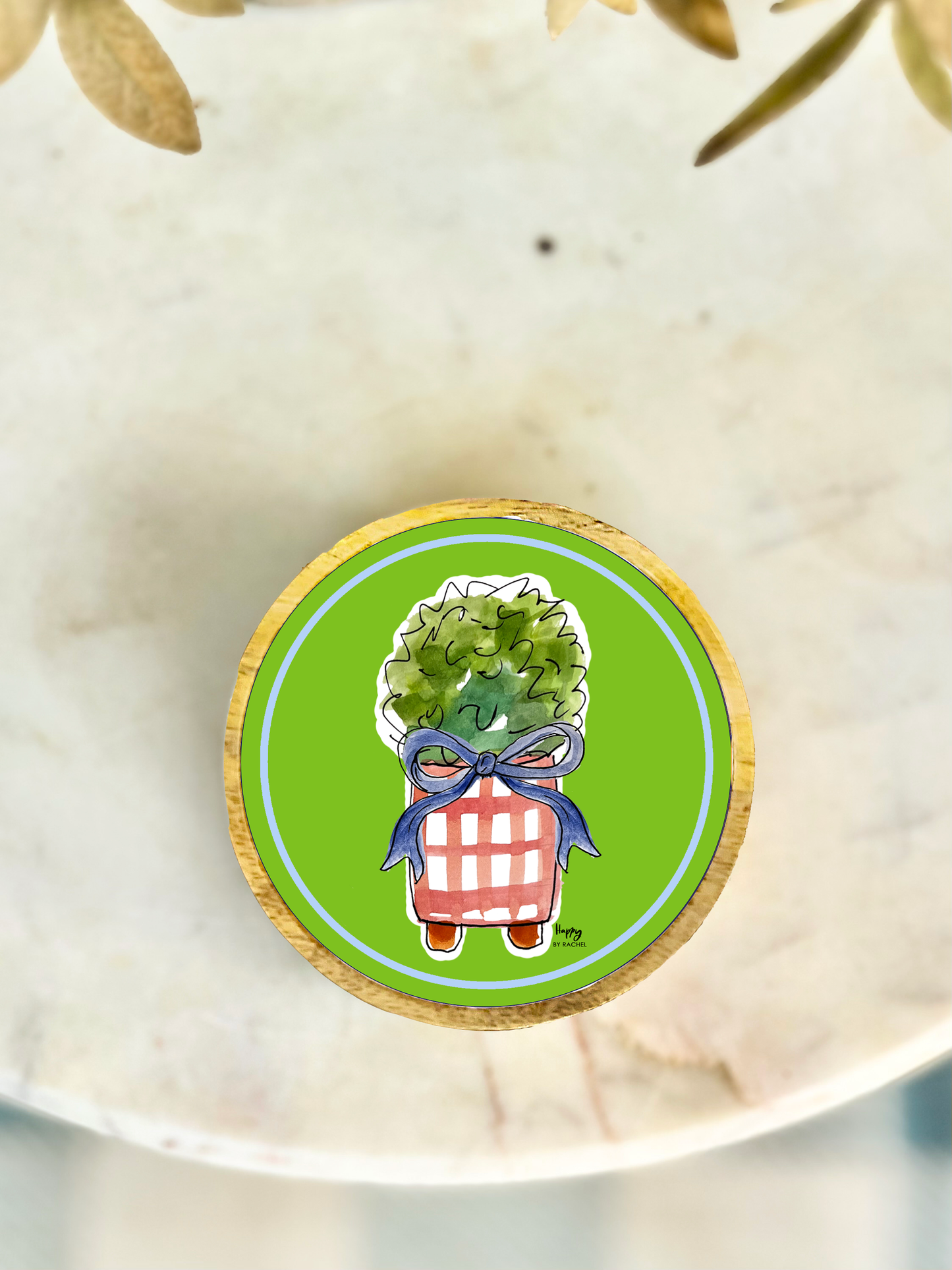 Green Plant Wood and Enamel Small Tray