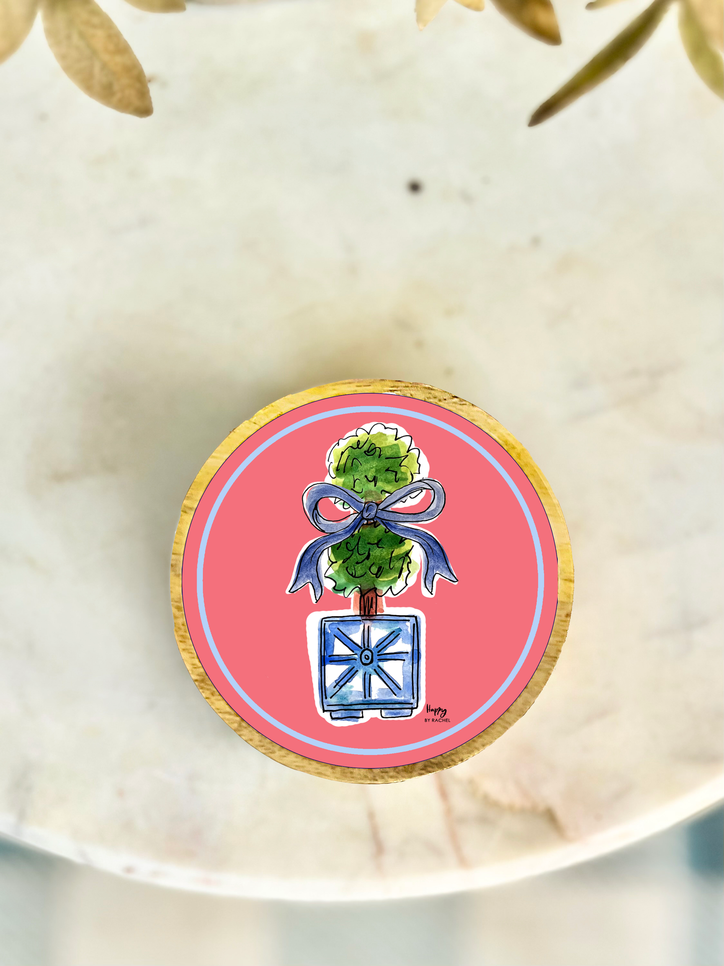 Pink Plant Wood and Enamel Small Tray