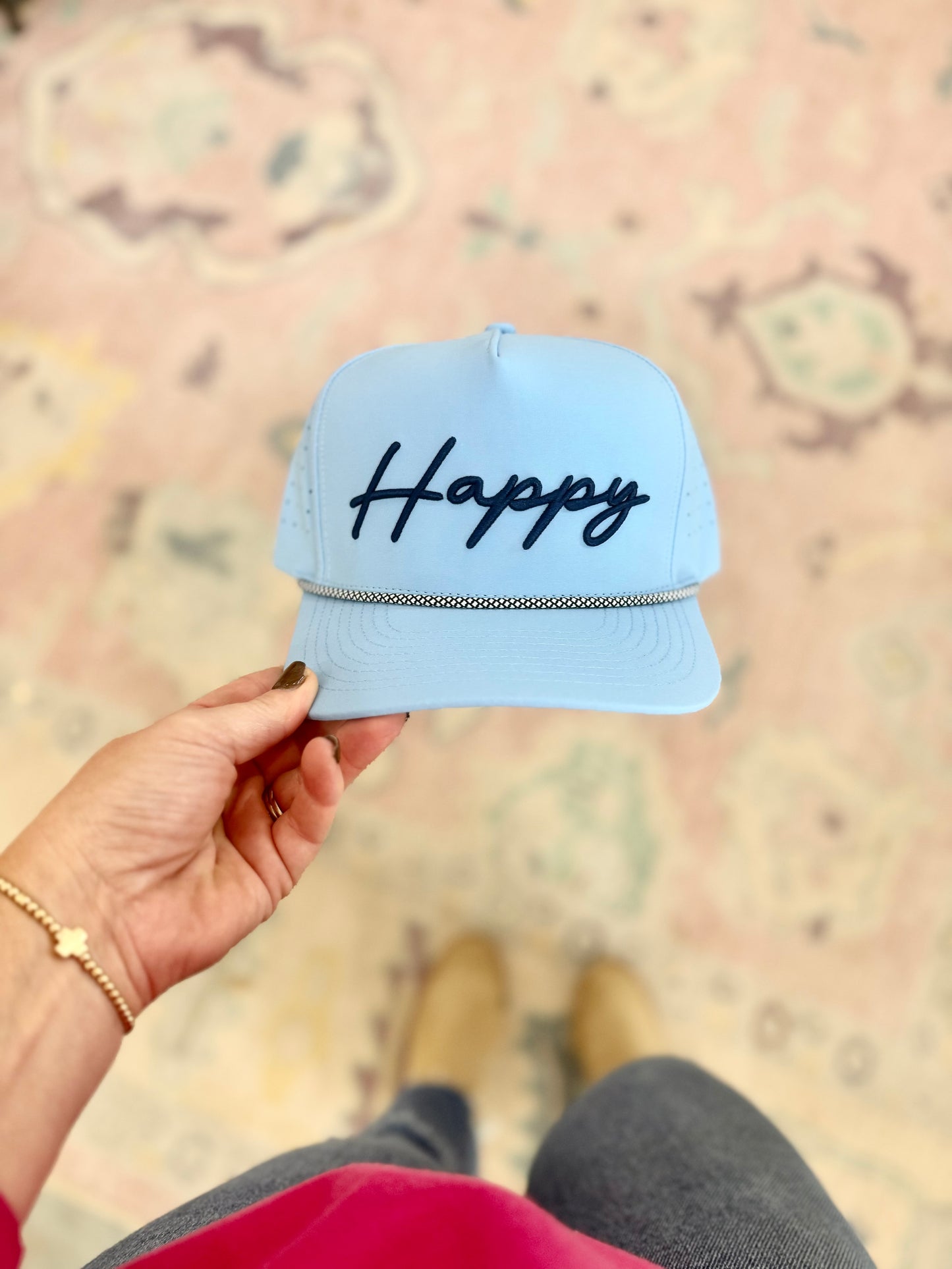 Happy Embroidered Rope Hat, Baby Blue