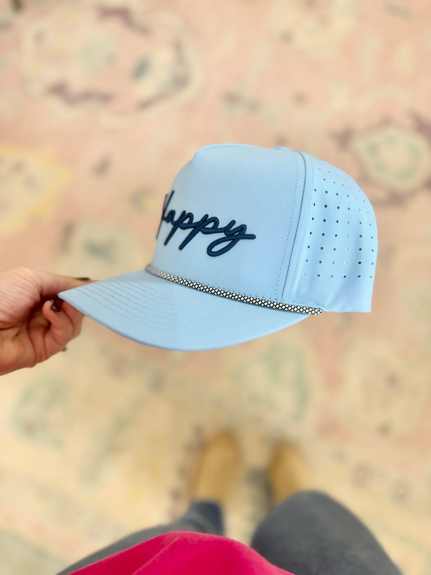 Happy Embroidered Rope Hat, Baby Blue