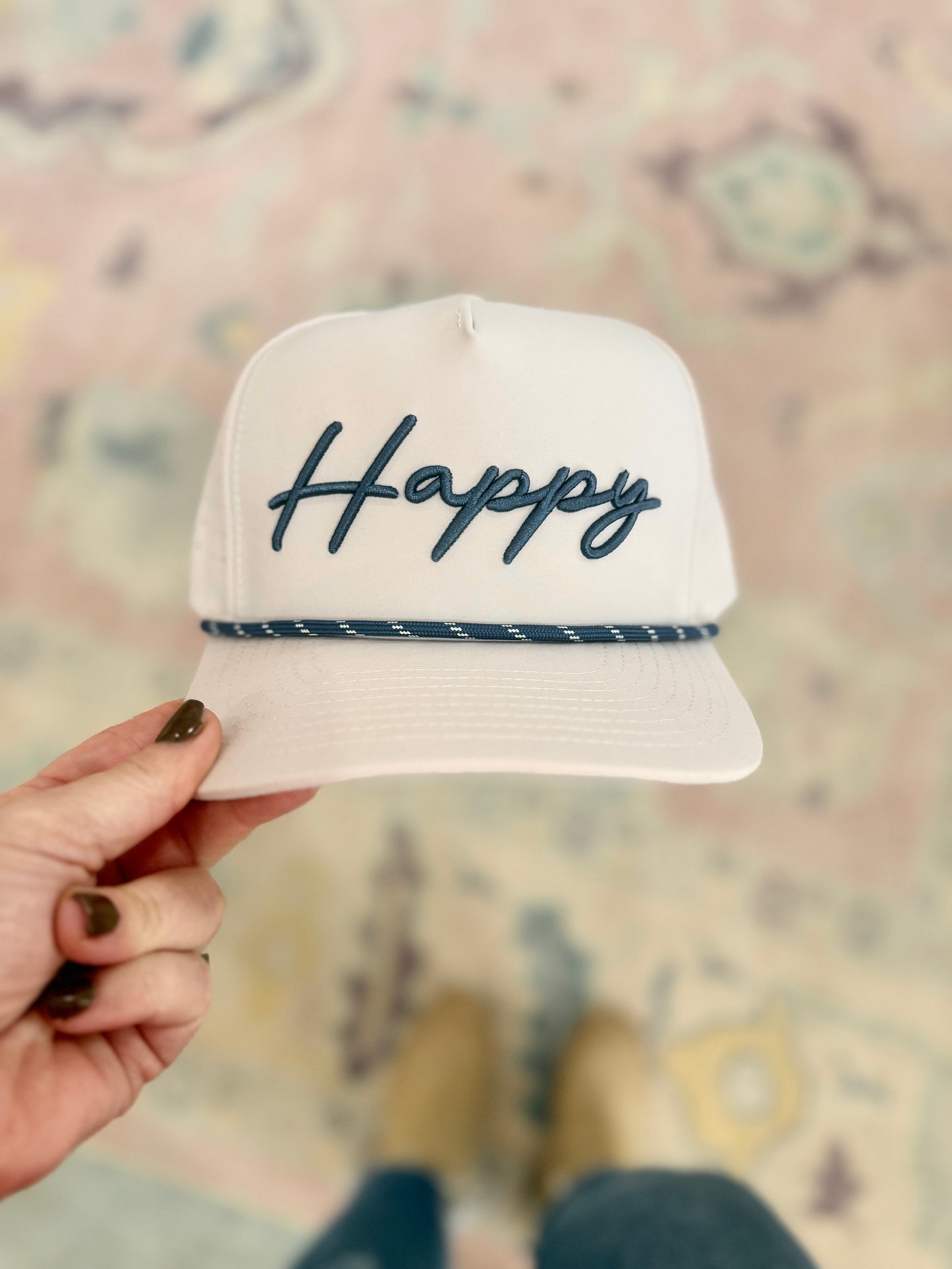Happy Embroidered Rope Hat, Khaki