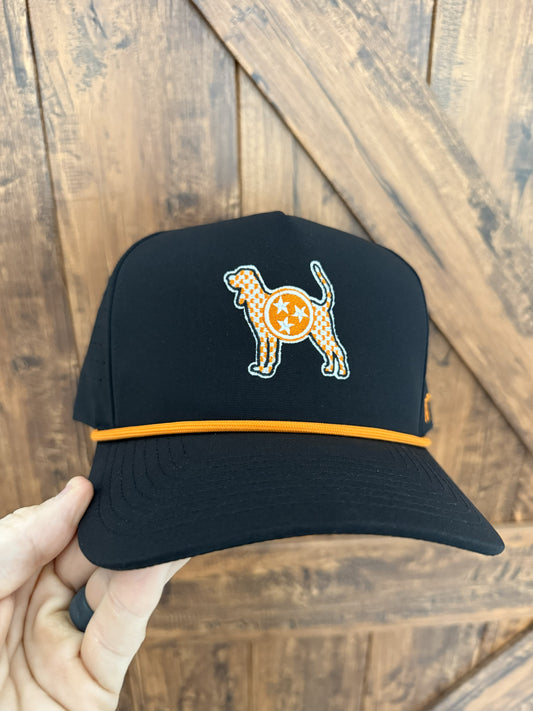 BLACK HAT W/ ORANGE AND WHITE CHECKERD DOG AND TRI STAR