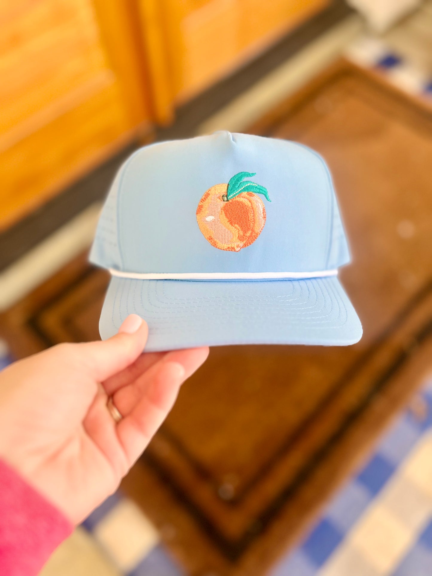 Baby Blue Georgia Peach Embroidered Hat with Rope