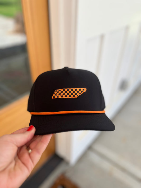 State of TN Rope Hat with Embroidered Black and Orange Checkerboard