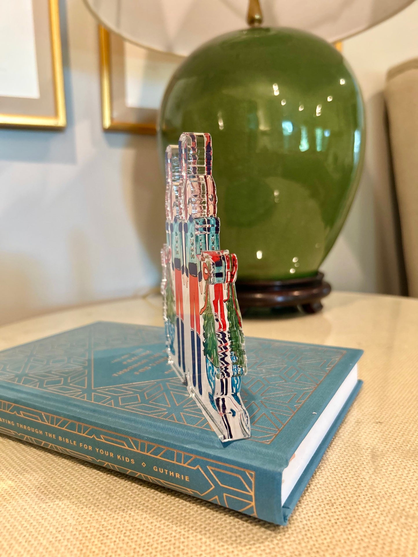 ACRYLIC Blue Nutcracker With Topiary's Sitter & Napkin Weight