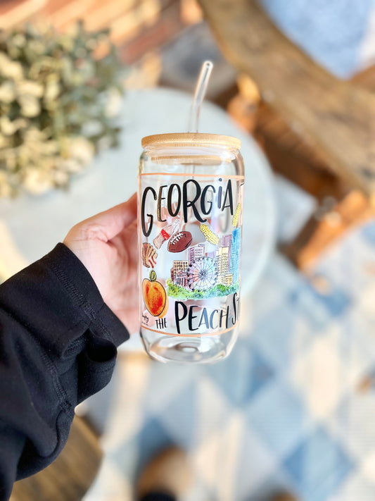 16 oz State of Georgia Glassware with Bamboo Lid and Glass Straw