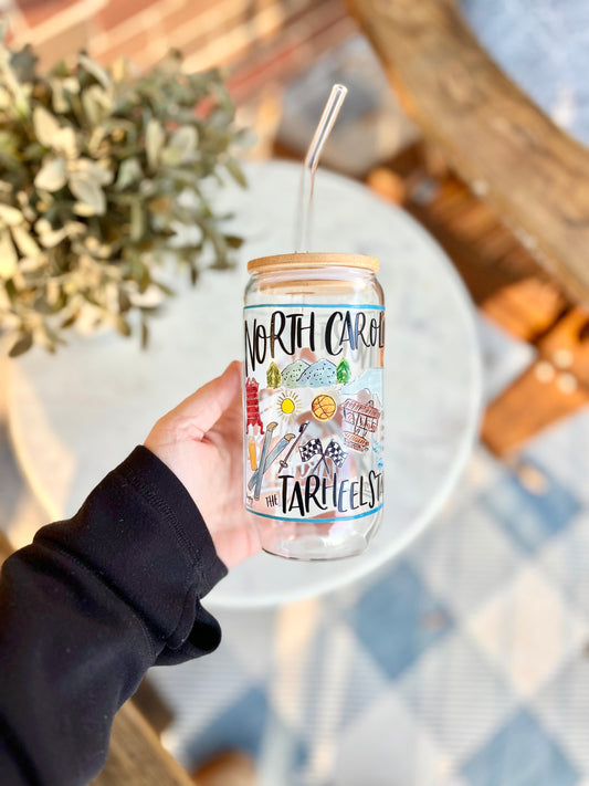 16 oz State of North Carolina Glassware with Bamboo Lid and Glass Straw