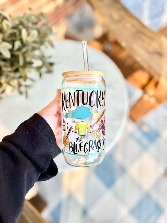 16 oz State of Kentucky Glassware with Bamboo Lid and Glass Straw