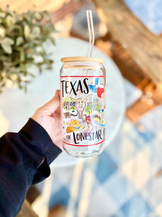 16 oz State of Texas Glassware with Bamboo Lid and Glass Straw