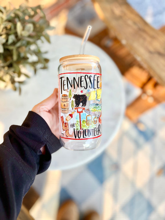 16 oz State of Tennessee Glassware with Bamboo Lid and Glass Straw