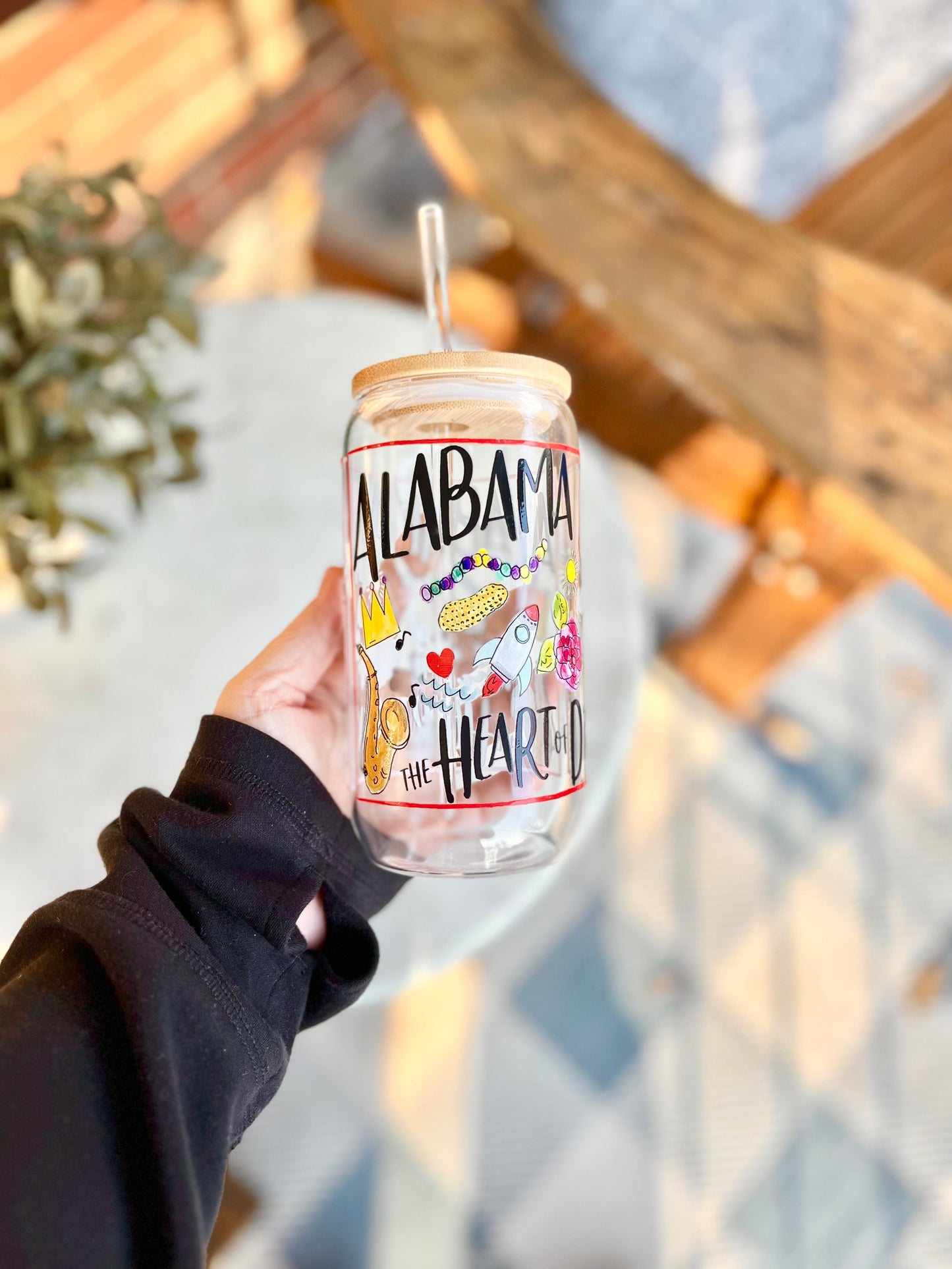 16 oz State of Alabama Glassware with Bamboo Lid and Glass Straw