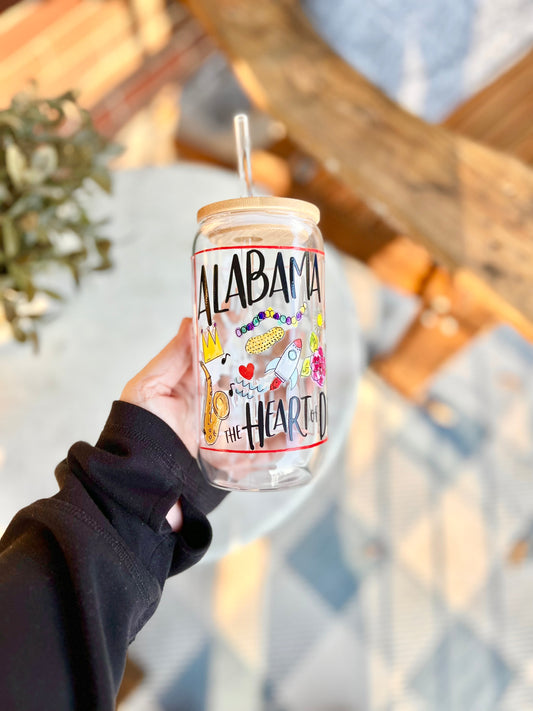 16 oz State of Alabama Glassware with Bamboo Lid and Glass Straw