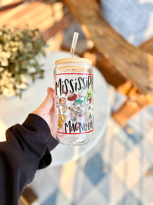 16 oz State of Mississippi Glassware with Bamboo Lid and Glass Straw