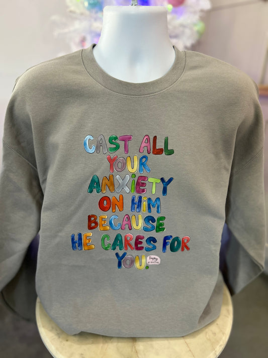 Adult Cast Your Anxiety on Him Sweatshirt - Sport Grey
