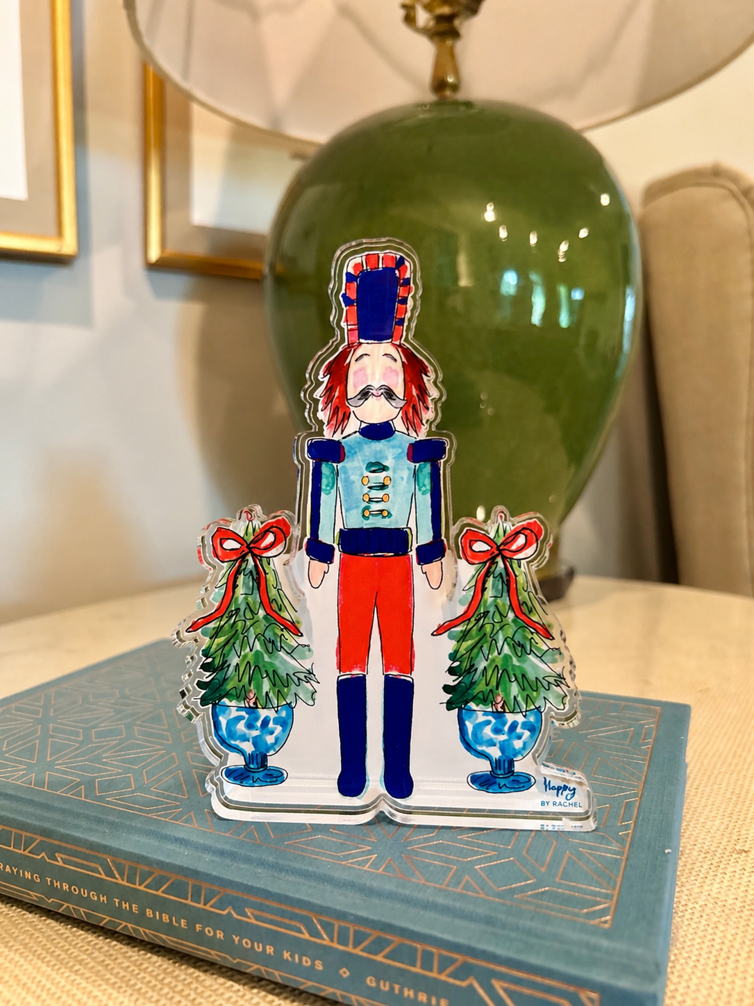 ACRYLIC Blue Nutcracker With Topiary's Sitter & Napkin Weight