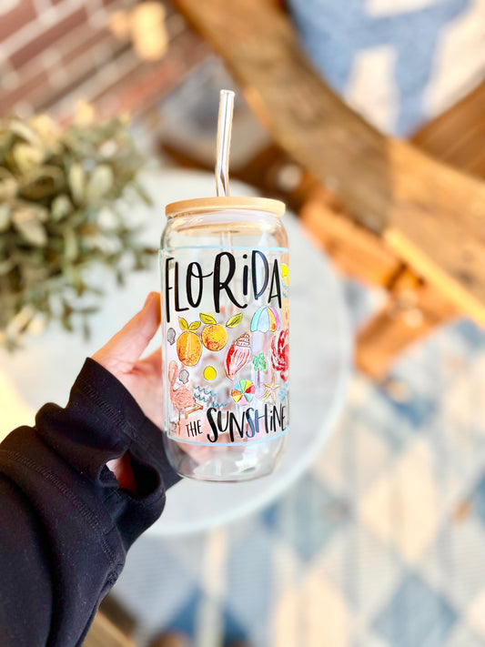 16 oz State of Florida Glassware with Bamboo Lid and Glass Straw