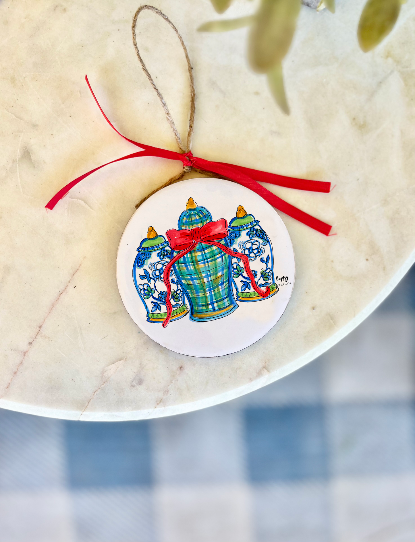 Blue and White Ginger Jar Trio Wood and Enamel Ornament